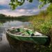 lake, boat, reflection, nature, calm, reeds, tree, spring, sky, landscape, peace, green, stillness, shore, bushes, clouds, relaxation, greenery, trail, action