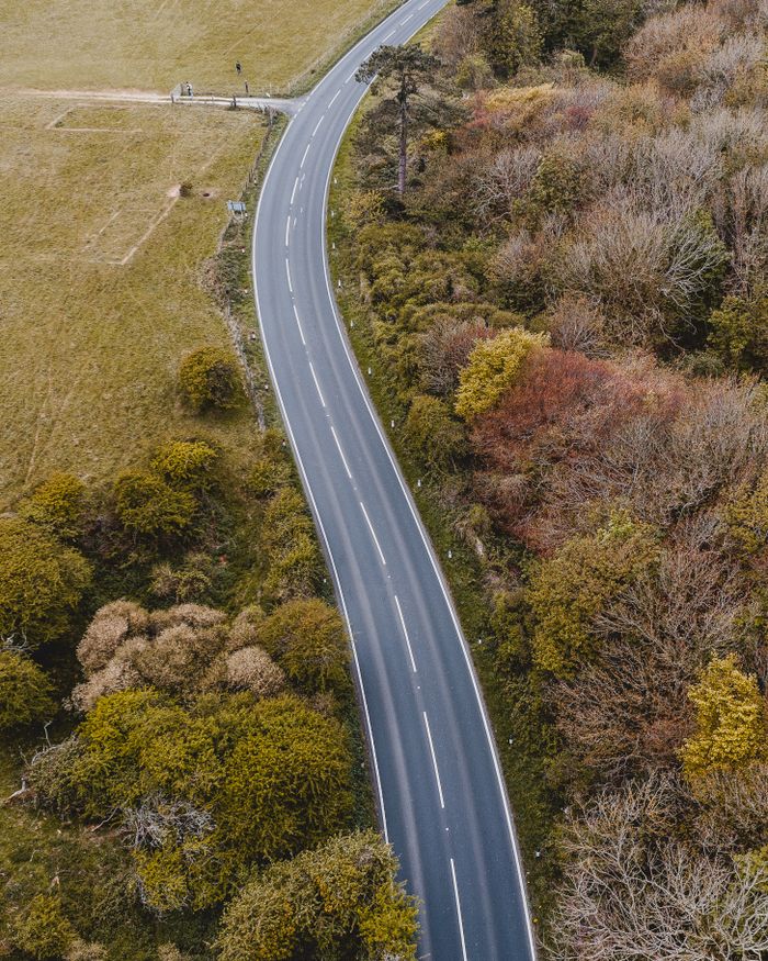 Aerial shot of a winding rural road surrounded by autumn trees, showcasing nature's vibrant colors.